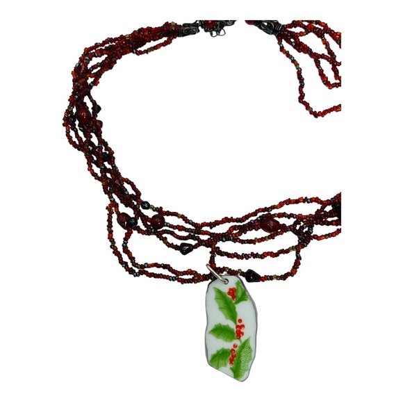 English Fine Bone China Holly Tree Handcrafted Pendant W VNTG Multi Strand Beads - Picture 5 of 10